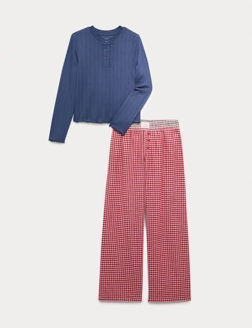 Kids' Navy Pointelle & Check Pyjamas (1-16 Yrs)