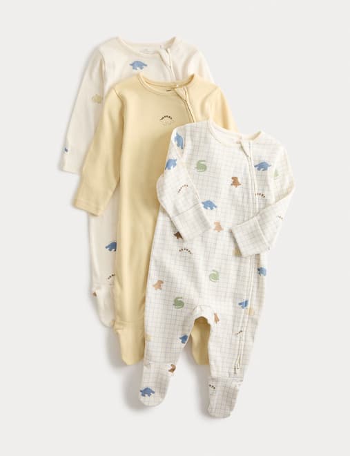 3pk Pure Cotton Dinosaur Print Sleepsuits (0 Mths-3 Yrs)