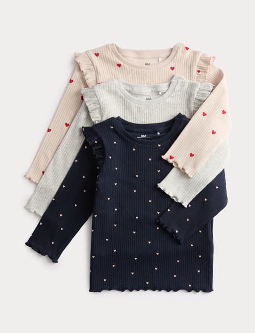 3pk Cotton Rich Heart Frill Tops (0 Mths-3 Yrs)