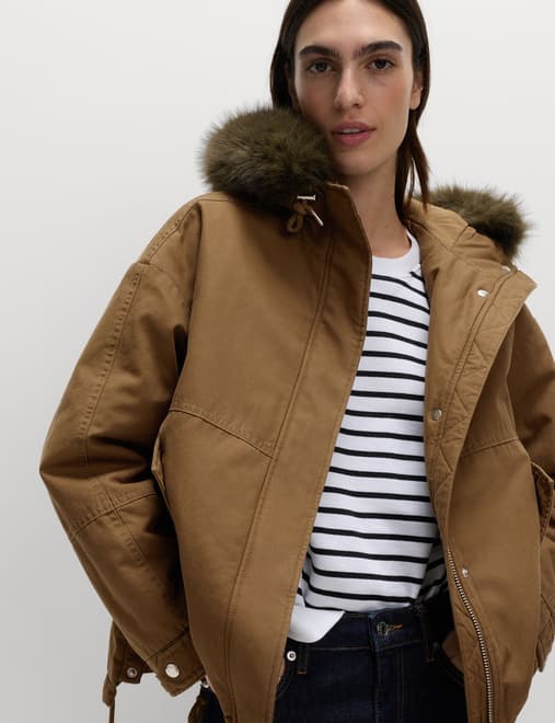 Pure Cotton Faux Fur Trim Parka Coat