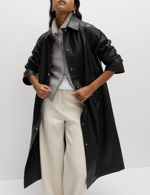 Faux Leather Collared Longline Car Coat