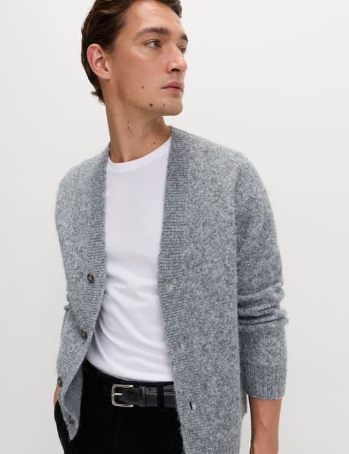 Relaxed Textured V-Neck Cardigan with Wool
