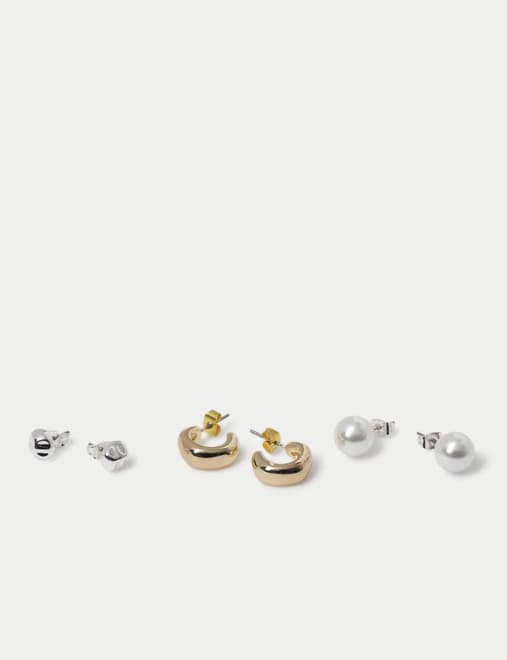 3 Pack Hoop and Pearl Stud Earring Set