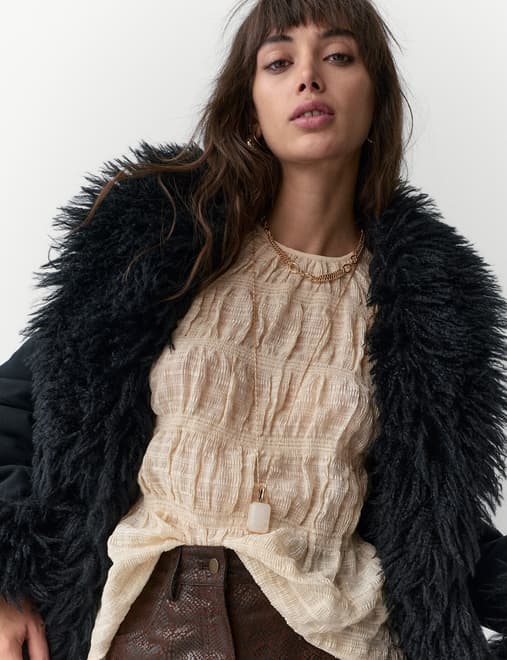 Crinkle Metallic Shirred Blouse