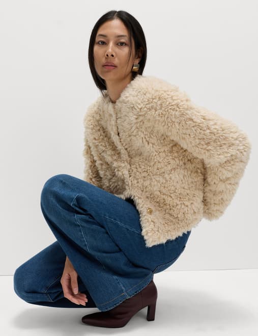Faux Fur Textured Collarless Short Jacket