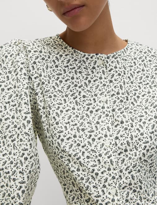 Pure Cotton Puff Sleeve Button Through Blouse