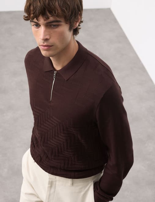 Mercerised Cotton Geometric Half Zip Polo