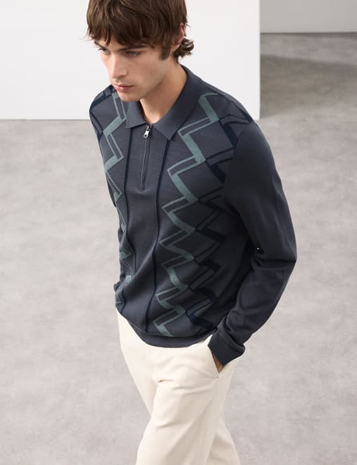 Mercerised Cotton Geometric Knitted Polo Shirt