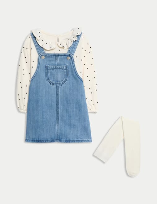 3pc Cotton Rich Spot Dress Outfit with Tights (0-3 Yrs)