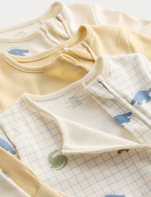 3pk Pure Cotton Dinosaur Print Sleepsuits (0 Mths-3 Yrs)