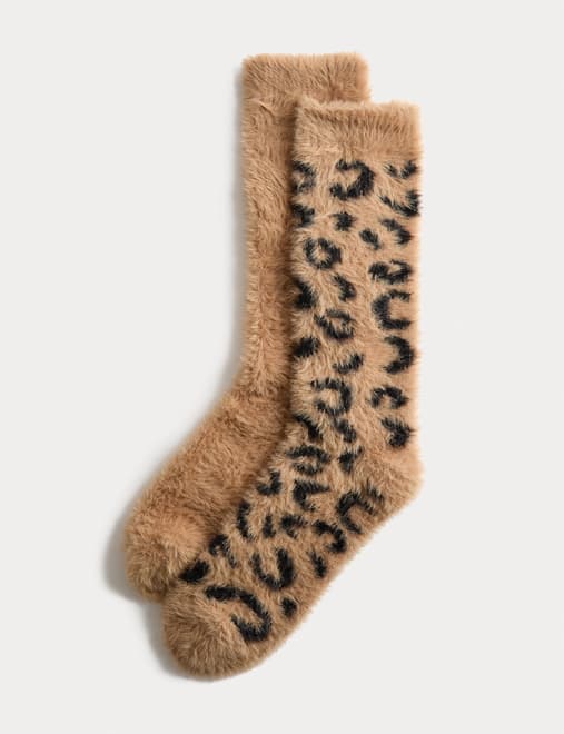 2pk Cosy Animal Print Slouch High Socks