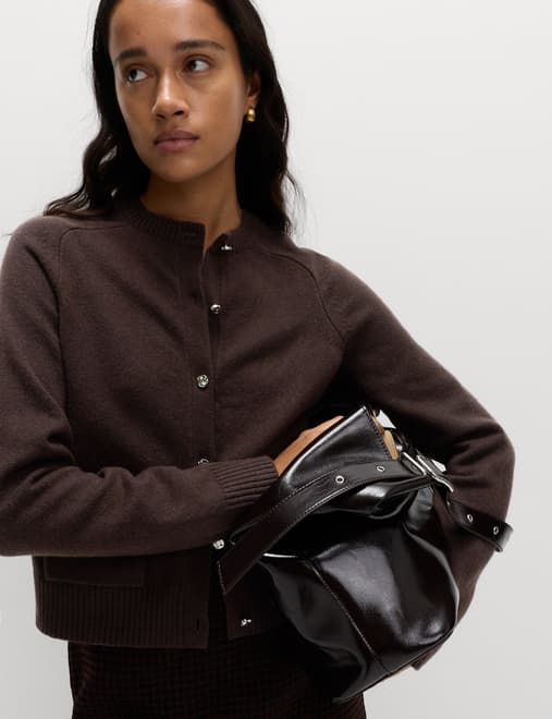 Air-Yarn Crew Neck Button Front Cropped Cardigan