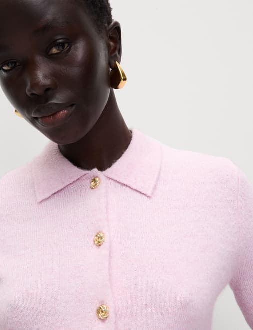 Collared Button Front Short Sleeve Cropped Cardigan with Alpaca