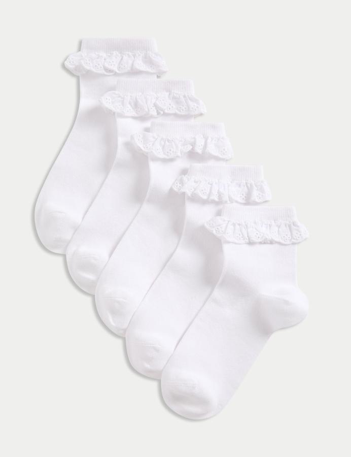 5 Pack Cotton Rich Broderie Frill School Socks