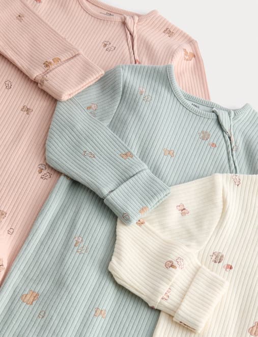 3pk Cotton Rich Woodland Print Sleepsuits (6½lbs-3 Yrs)
