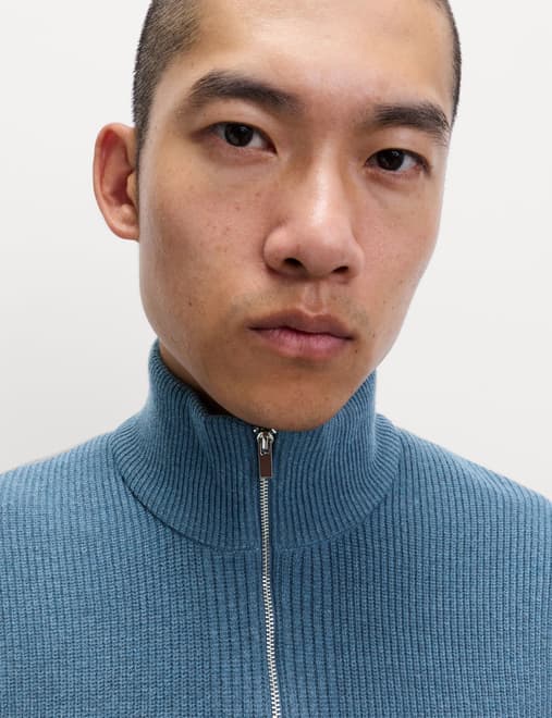 Cotton Blend Ribbed Half Zip Jumper