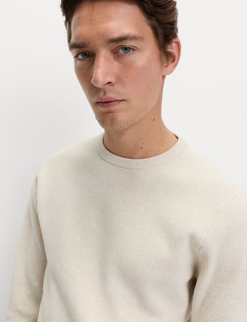Cotton Blend Fine Ribbed Crew Neck Jumper