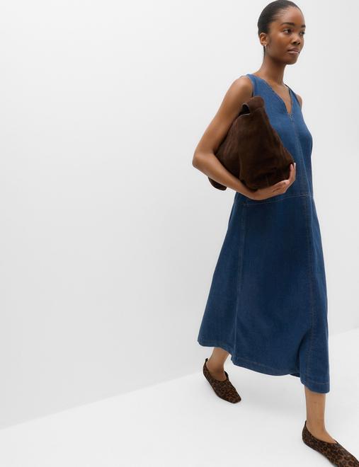 Denim V-Neck Tie Detail Midi Relaxed Dress