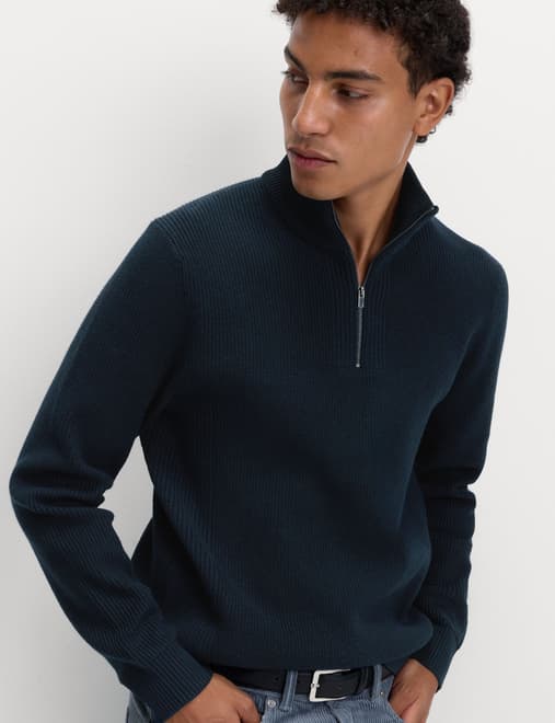 Cotton Blend Ribbed Half Zip Jumper