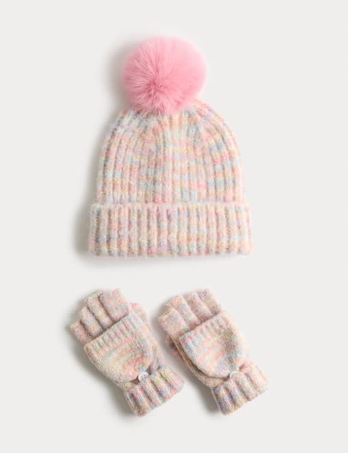 2pc Pom Pom Hat and Flip Top Gloves Set (3-13 Yrs)