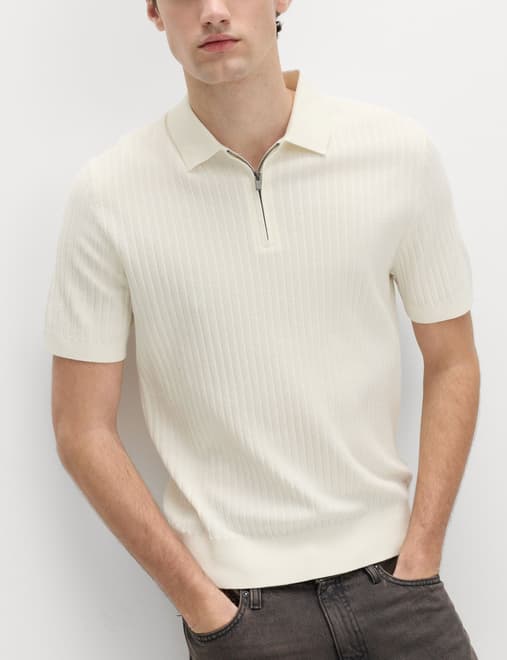 Cotton Rich Ribbed Knitted Zip Up Polo Shirt