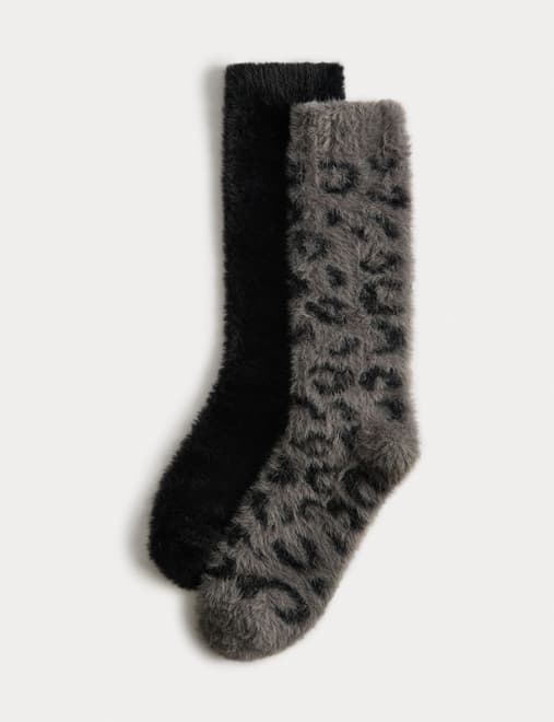2pk Cosy Animal Print Slouch High Socks