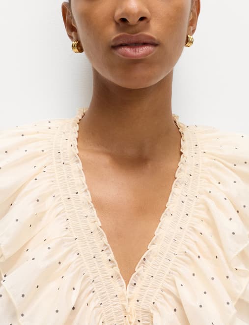 Polka Dot V-Neck Frill Detail Top