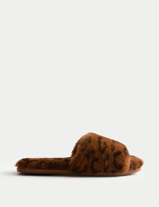 Faux Fur Leopard Print Open Toe Mule Slippers