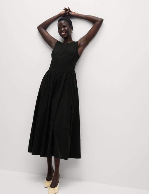 Pure Cotton Round Neck Midi Waisted Dress