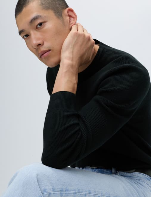 Cotton Blend Fine Ribbed Crew Neck Jumper