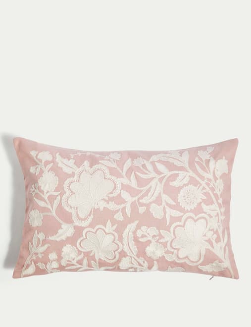 Linen Blend Floral Embroidered Bolster Cushion