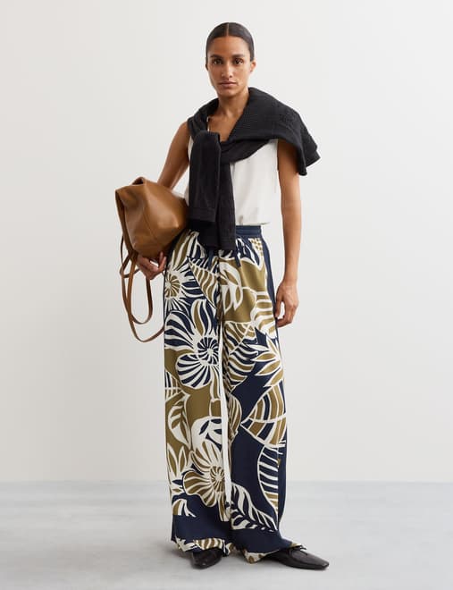 Leaf Print Drawstring Wide Leg Trousers