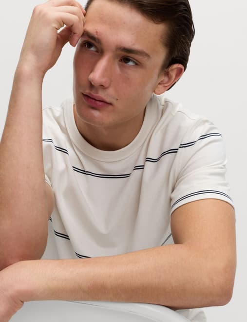 Pure Cotton Striped Relaxed Crew Neck T-Shirt