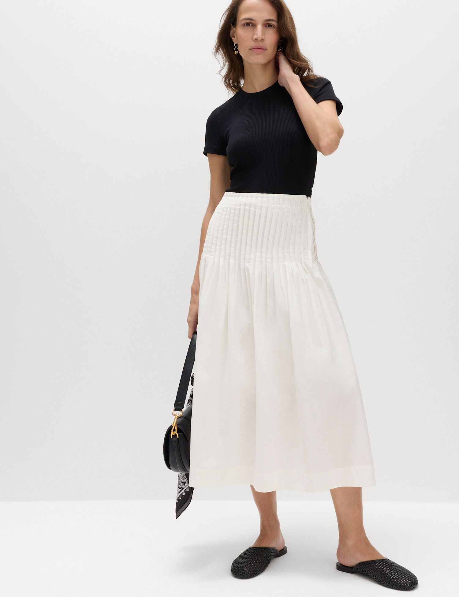 スカート COTTON PLEATED MIDI SKIRT STRIPE_PINK Pure Cotton Pleated Midi A-Line Skirt