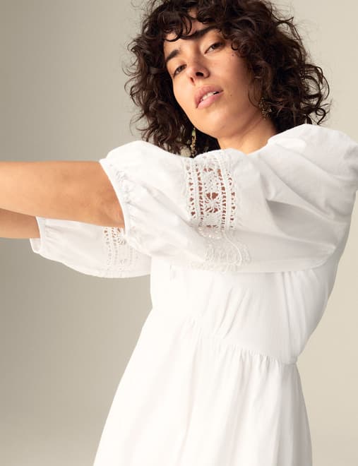 Pure Cotton V-Neck Crochet Detail Midaxi Waisted Dress