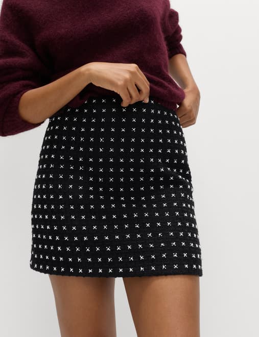 Tweed Embellished Mini A-Line Skirt