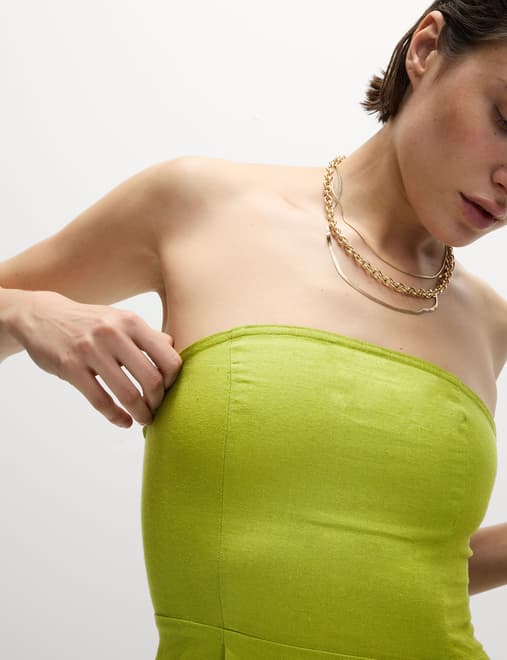 Linen Rich Bandeau Pleat Detail Midaxi Shift Dress