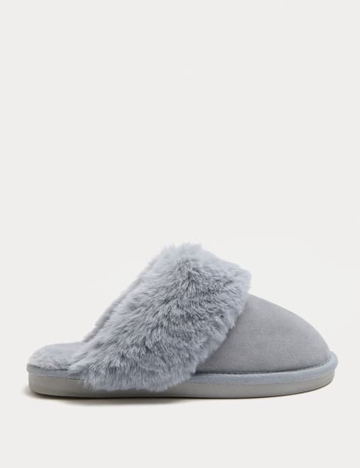 Suede Faux Fur Trim Mule Slippers