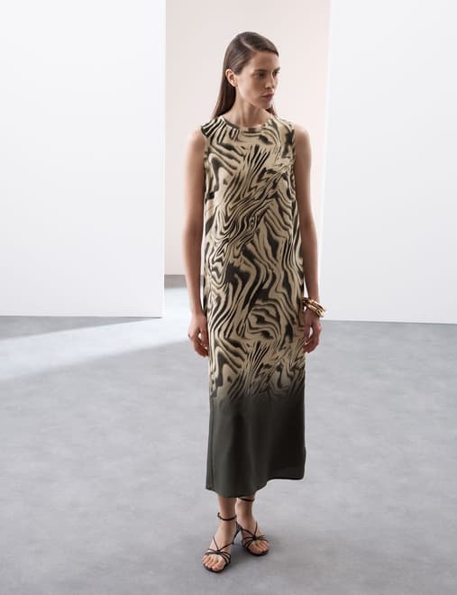 Animal Print Round Neck Midi Column Dress