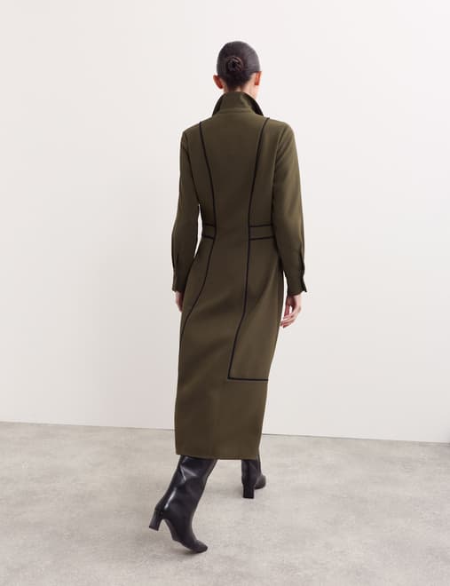 Crepe Piping Detail Midi Shirt Dress