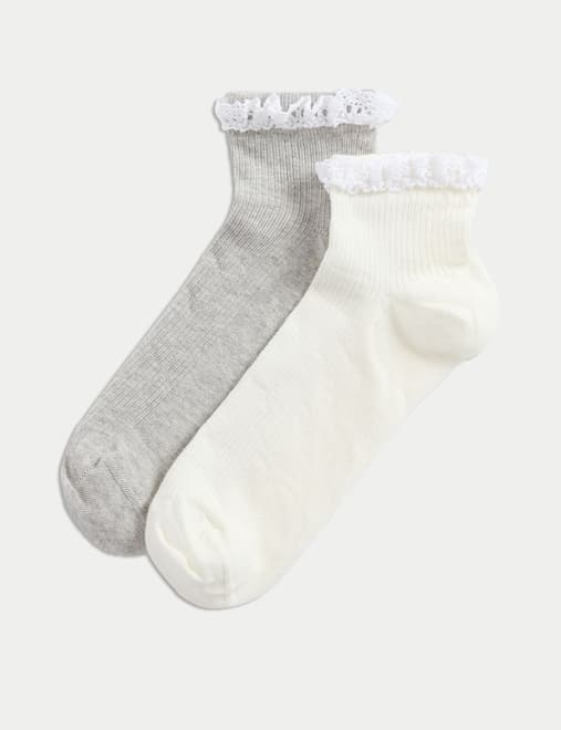 2pk Cotton Rich Lace Trim Quarter Socks