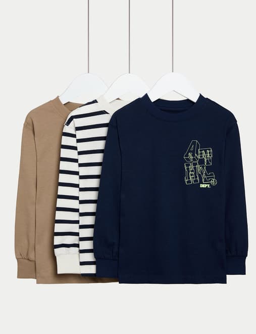 3 Pack Pure Cotton Graphic Stripe T-Shirts (2-8 Yrs)