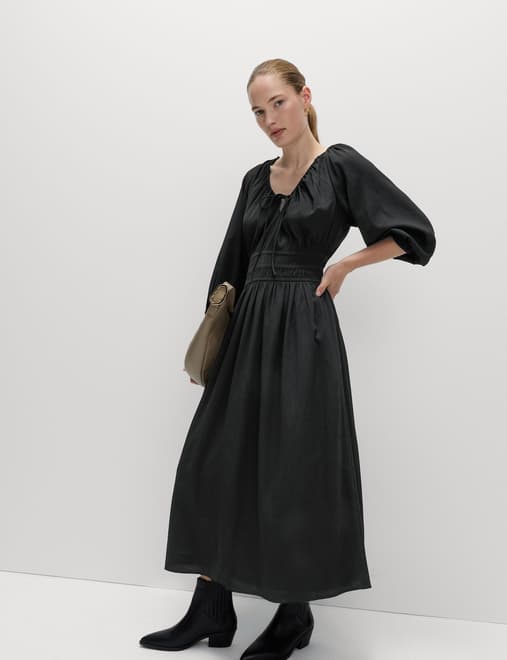 V-Neck Tie Detail Midi Waisted Dress