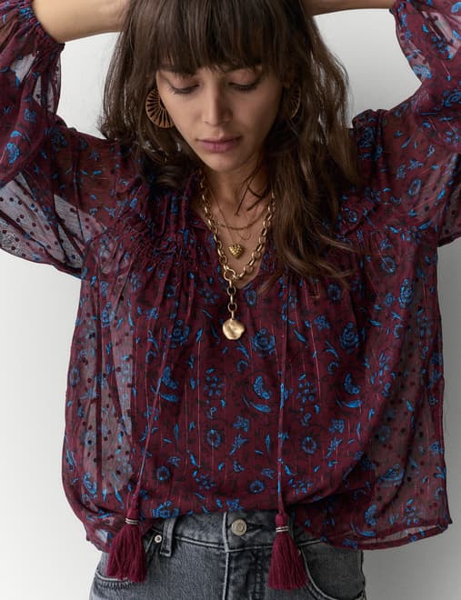 Sheer Chiffon Printed Metallic Tie Neck Top