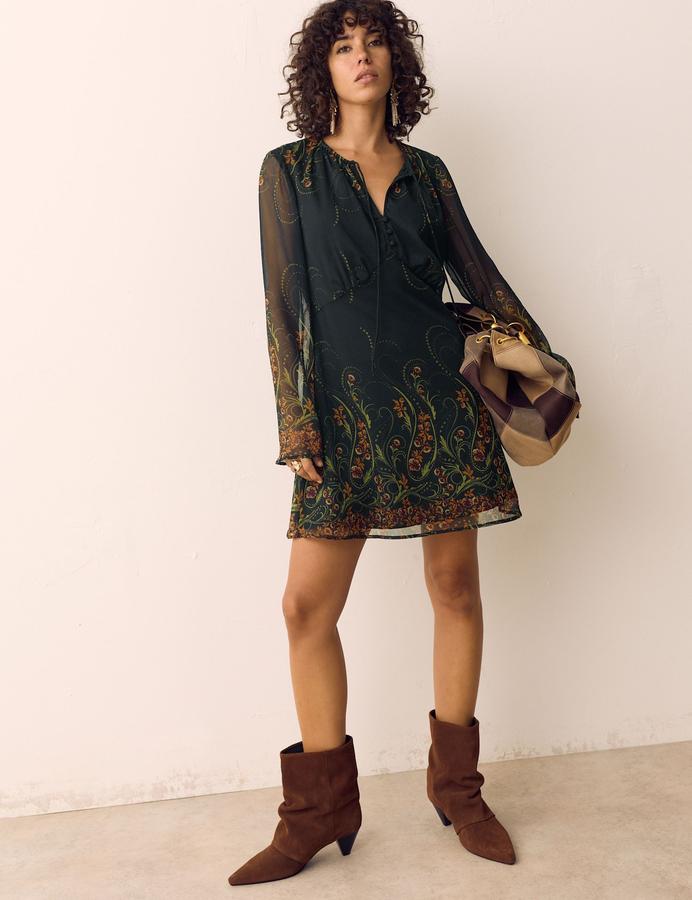 Floral Print Tie Detail Mini Smock Dress