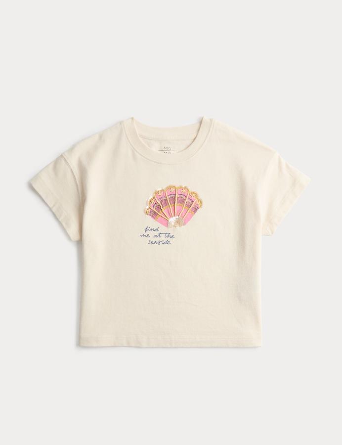 Pure Cotton Shell Embellished T-Shirt (4-8 Yrs)