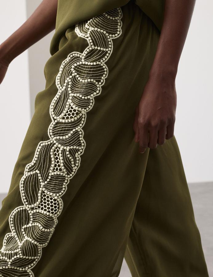Floral Embroidered Wide Leg Trousers