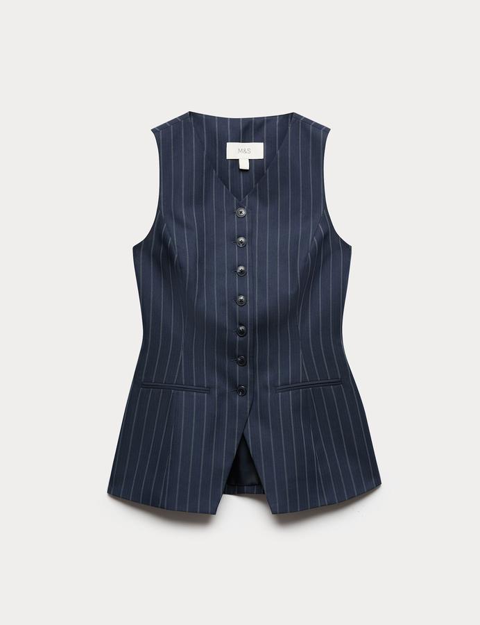 Tailored Pinstripe Cinched Waist Longline Waistcoat