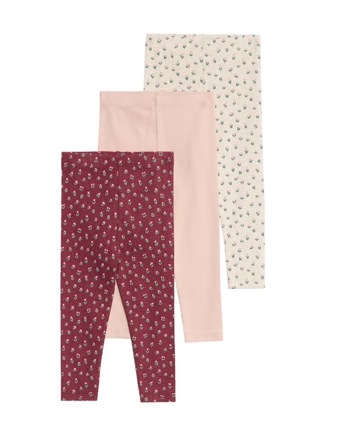 3 Pack Cotton Rich Ribbed Floral Leggings (0-6 Yrs)