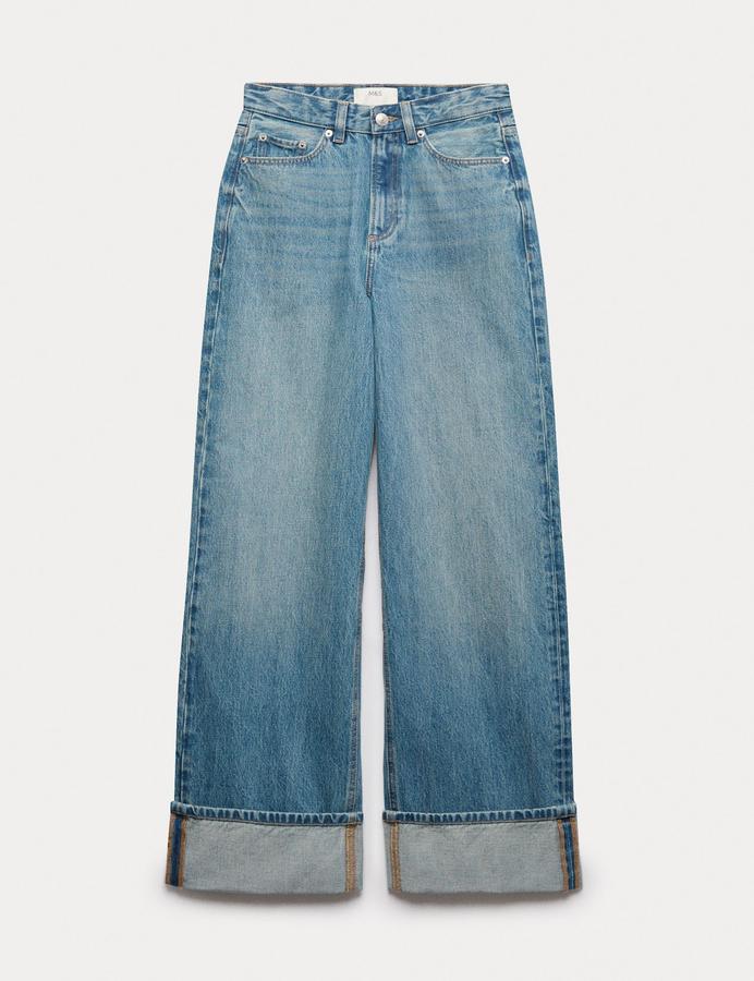 High Waisted Wide Leg Turn Up Jeans